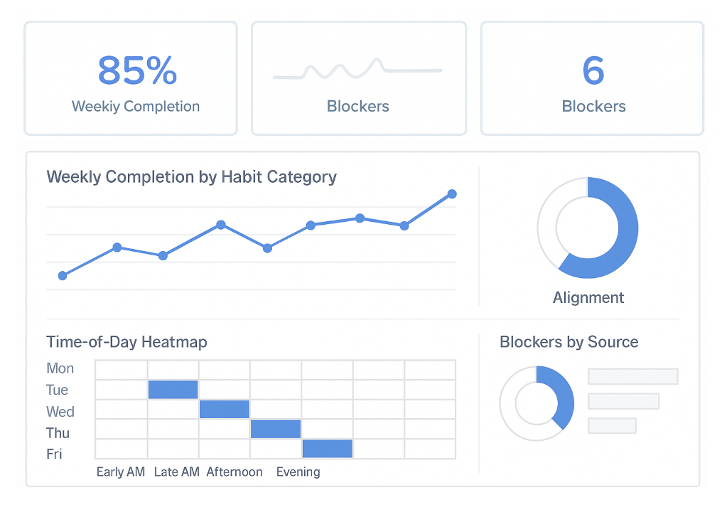 Dashboard wire-frame concept showing KPIs, line chart, donut, heatmap