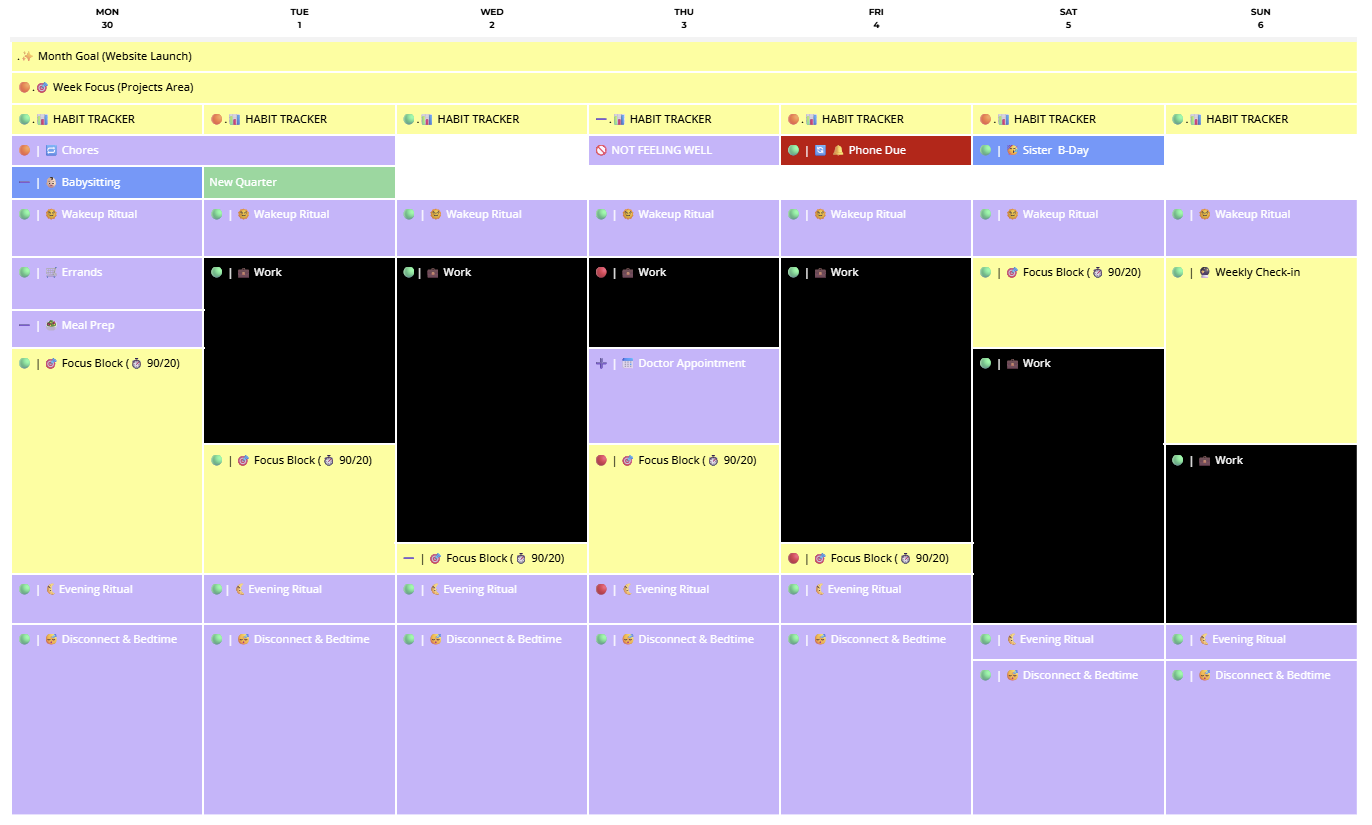 Week-view calendar snapshot with dummy focus blocks and rituals